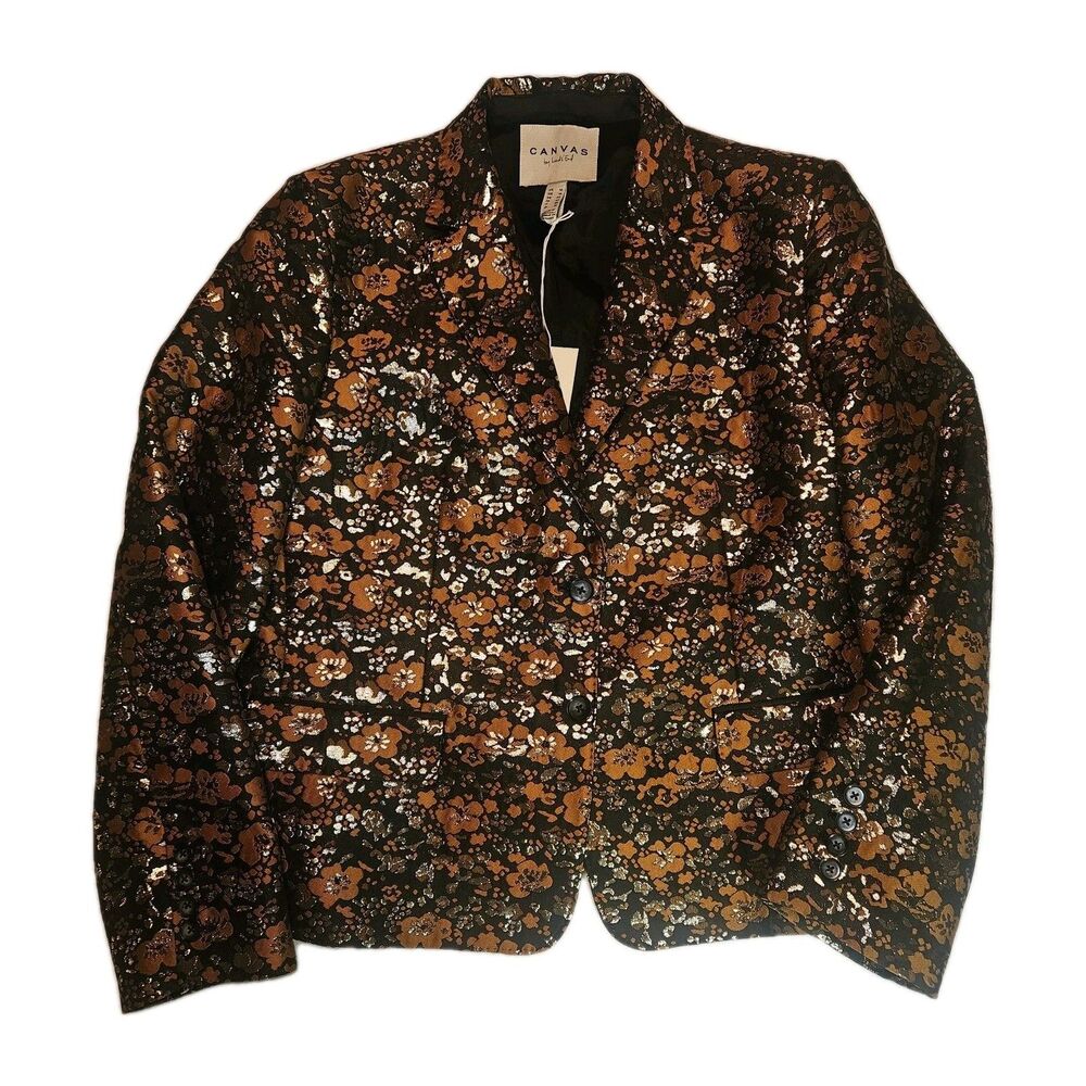 Lands End Canvas Tapesty Blazer Jacket Metallic Gold Floral Size 14 Office Witch